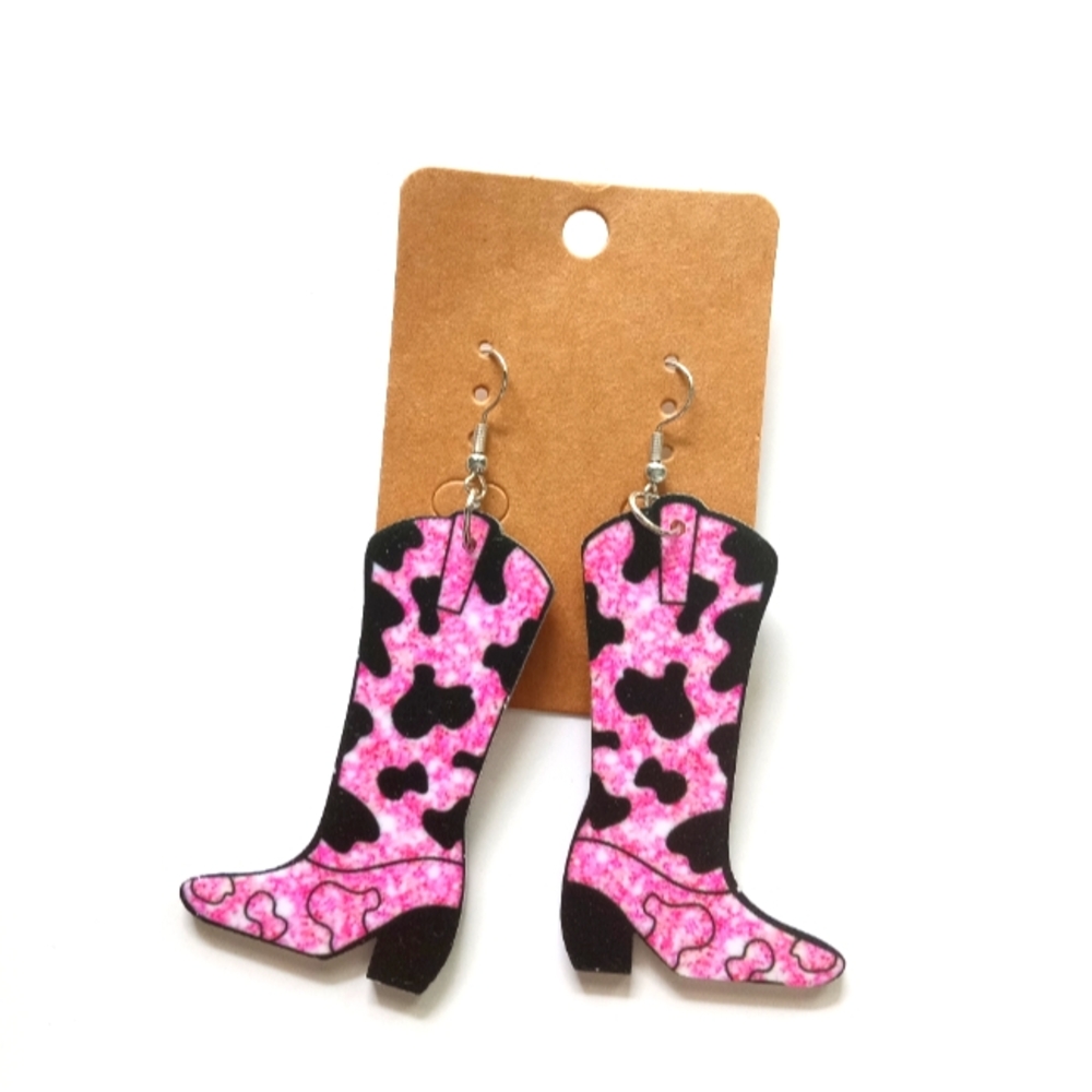 Pink and Black Cowgirl Boot Earrings